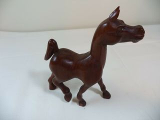 Mid Century Hand Carved Prancing Mule/horse,  Walnut Brown,  Signed “hs” Or “sh”