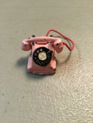 Vintage Dollhouse Miniature Pink Rotary Phone - Made In England,  Lead/metal,  5/8”