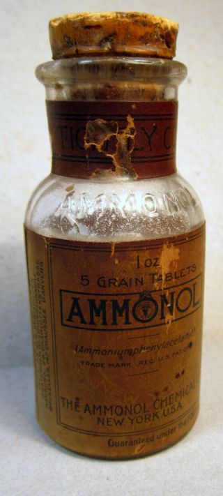 Antique Apothecary Bottle Cork Stopper Orig Label Ammonol Chemical York 1906