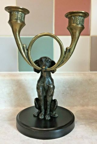 Vintage Brass Bronze Dog Statue Candelabra 9 1/8 " Tall
