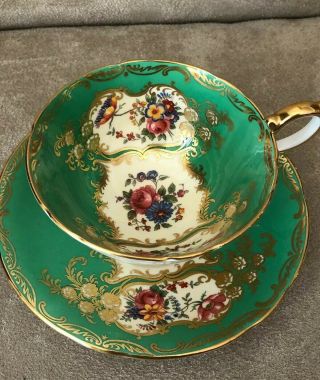 Antique Rare Aynsley C1934 Green Gold Gilt Floral Rose Teacup And Saucer
