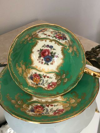Antique RARE Aynsley C1934 Green Gold Gilt Floral Rose TEACUP AND SAUCER 2