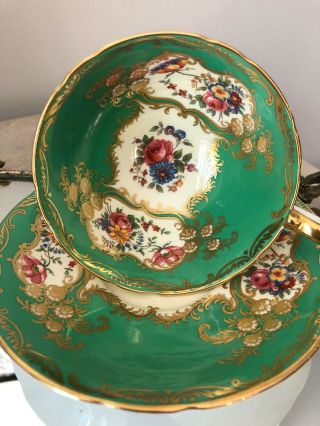 Antique RARE Aynsley C1934 Green Gold Gilt Floral Rose TEACUP AND SAUCER 3