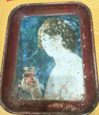 1924 Coca Cola Smiling Girl Coke Tray Rare Variation Maroon Border Sign