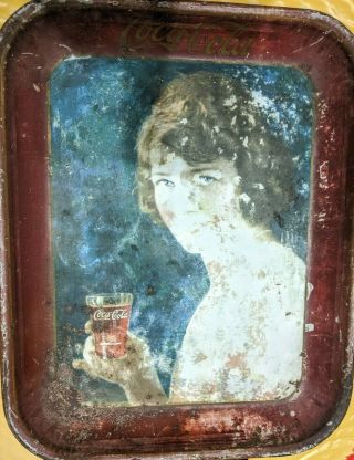 1924 Coca Cola Smiling Girl Coke Tray Rare Variation Maroon Border Sign 3