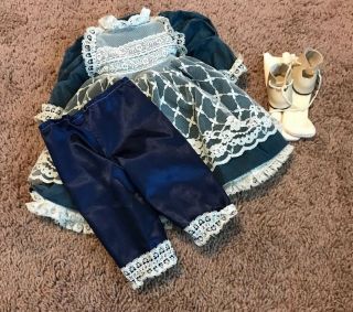 Vtg Blue Velvet Doll Dress Clothes Fits 15 - 16” Dolls Sheer Attached Pinafore