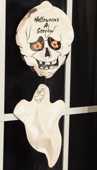 2 Rare & Vintage Halloween Window Decorations W/ Suction Cups Ghost Skeleton