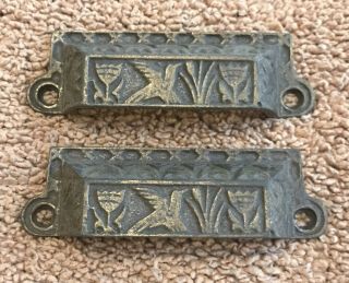 Pair Victorian Style Antique Bin Pulls Or Drawer Pulls Ornate Cast Iron