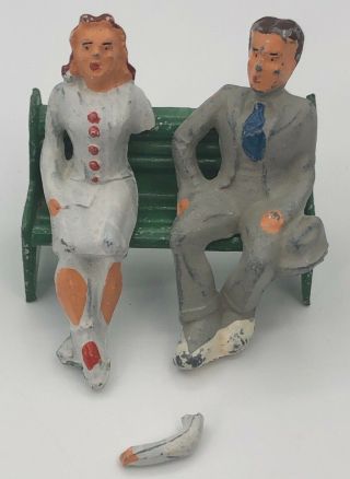 Vintage Manoil Barclay Toy Man & Woman Sitting On Park Bench Woman