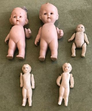 5 Antique Vintage Bisque Baby Dolls,  Articulated Arms & Legs 2 Larger,  3 Smaller