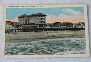 Breakers Hotel & Beach Ocean City,  Jersey 1925 Vintage Antique Postcard