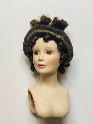 Vintage Doll Head Porcelain Victorian Style Brown Wig Earrings Brown Eyes 5 1/2”