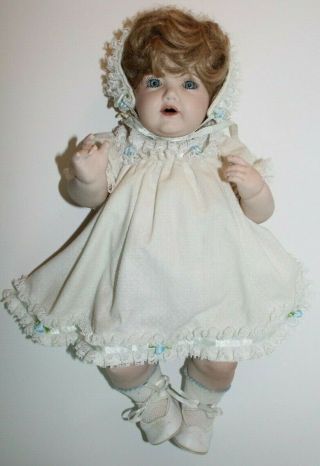 Vintage Baby Girl Doll 19” White & Blue Flower Dress With Hat Porcelain,  Cs Mark