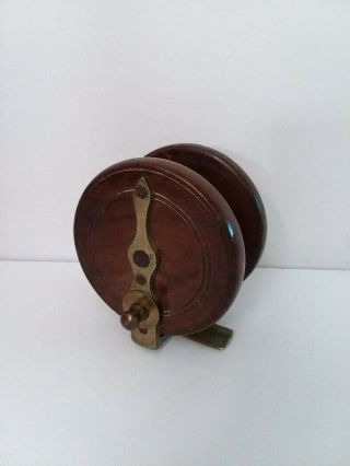 Rare Antique Medium 3 Inch Diameter Wood (walnut?) And Brass Fly Fishing Reel