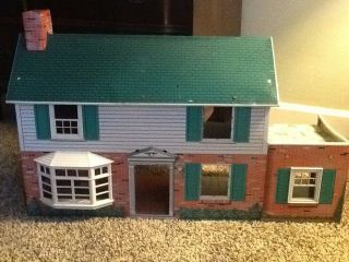 Vtg Mark Metal Tin Colonial Style Two Story Dollhouse