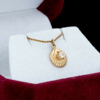 Antique Vintage Deco Mid Century 14k Gold Filled Gf Cz Shell Pendant Necklace