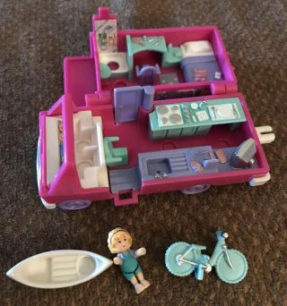 Vintage Polly Pocket 1994 Home On the Go Doll Van RV Bicycle Bluebird Complete 3