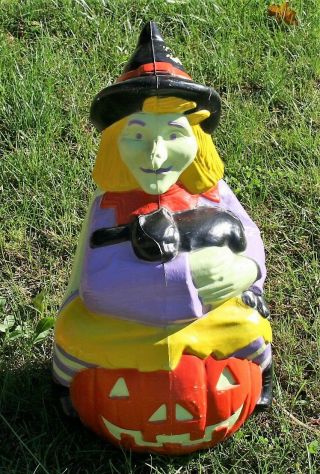 Vintage Rare Htf Halloween Tpi Witch Pumpkin & Cat Plastic Lighted Blow Mold 23 "