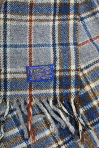 Vtg Pendleton Blue Brown Plaid Wool Fringe Blanket Fringe Holes Usa Made 50x62