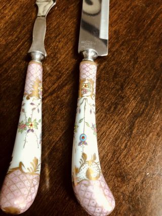 Antique Heathfield Carving/Slicing Knife Fork Set ceramic handles 12.  5” Pink 2