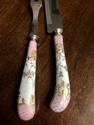Antique Heathfield Carving/Slicing Knife Fork Set ceramic handles 12.  5” Pink 3