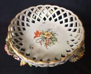19th Century Antique Vin Schierholz Dresden Germany Footed Applied Flowers Bowl
