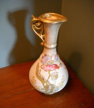Antique Royal Worcester Porcelain Ewer Vase 19th C Floral Raised Gold Moriage