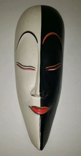 Hand Carved Wooden Folk Art Ceremonial Mask Primitive Vintage Face Black & White