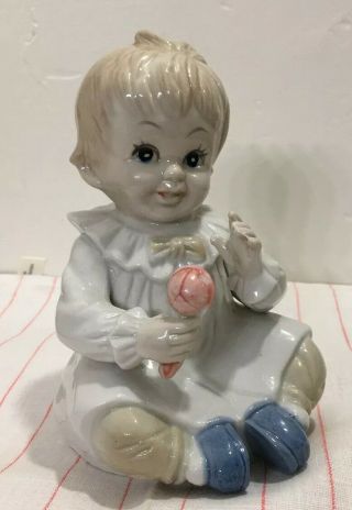 Vintage Piano Baby Blonde Boy Porcelain Figurine Blue Eyes 6.  25” Tall