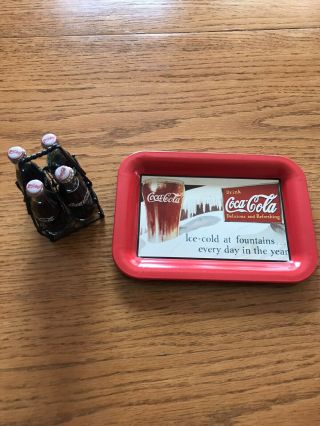 Antique Coca Cola Tray And Mini Coke Bottles With Carrier