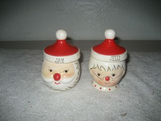 Vintage Christmas Mr Mrs Santa Claus Jelly Jam Jar Ceramic Containers Rare Japan