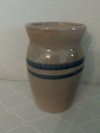 Vintage Stoneware Crock With Blue Strips 6 Ins.  Tall