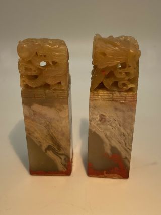 2 Marble Stone Carved Chinese Oriental Asian Dragon & Phoenix Seals Stamps