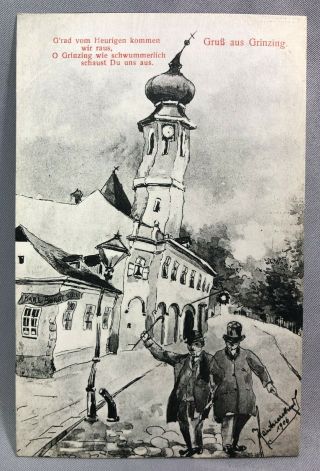 1906 Grinzing Wine Village Artist Signed Vienna Austria Wien Antique Postcard