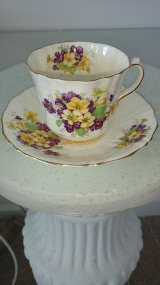 Old Royal Bone China Tea Cup & Saucer Yellow & Purple Violets Gold Trim - England 2