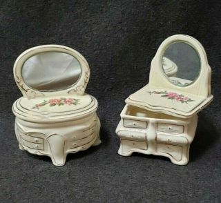 2 Vintage Victorian Porcelain Trinket/powder Box Dressers/vanity With Mirrors