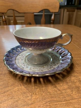 Vintage Royal Sealy Iridescent Blue Footed Tea Cup Open Lace Saucer Lusterware