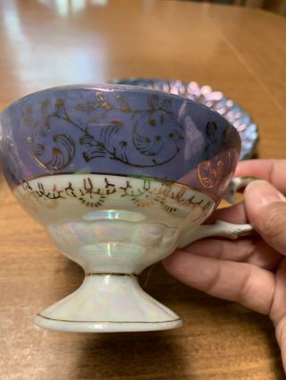 Vintage Royal Sealy Iridescent Blue Footed Tea Cup Open Lace Saucer Lusterware 2