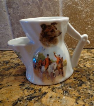 Antique Scuttle Porcelain Shaving Mug Hunting Scene Fox Hunt Horses Dog Marked H