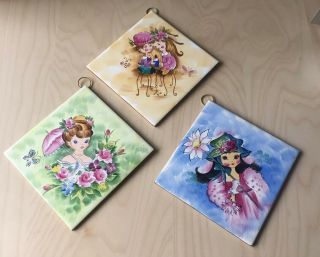 Decorama Japan Set Of 3 (6 " X 6 ") Decorative Picture Tiles Wall Hang Girls Vtg