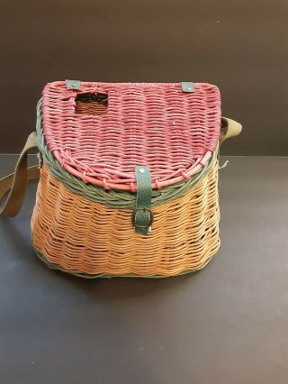 Antique Vintage Fly Fishing Fish Wicker Basket Trout W/ Strap Closure Needs Rep