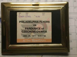 Rare 1977 Philadelphia Flyers V.  Pardubice Of Czechoslovakia Ticket Stub.  Framed