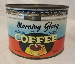Vintage Rare Morning Glory Coffee 1 Lb Tin Can Paper Label Wellsville Ny