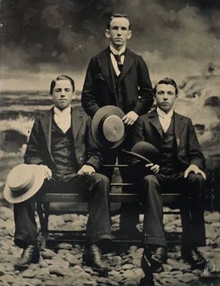 Antique American 3 Young Men Hold Hats Group Portrait Tintype Photo