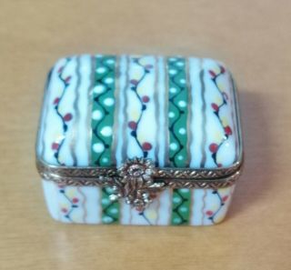 Rare Limoges Trinket Box Rectangular Shape With Multicolor Flowers Green Stripes