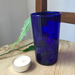 4.  25vintage Cobalt Blue Clear Glass Memorial Candle Holder Script L