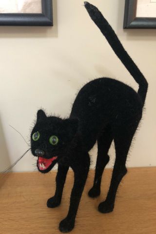 Rare Vintage Arched Back Black Cat Furry Figure 12” Scary Halloween Decoration