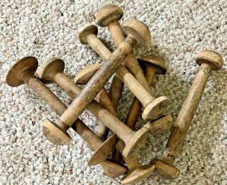 9 Antique Assorted Wooden Textile Weaving Spindles Yarn Spools 7.  5 - 8 ",  " English "
