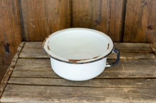 Vintage Enamelware Chamber Pot With Handle White Rusty Patina