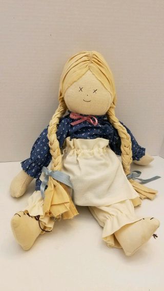Vtg Handmade Cloth Doll Folk Art Americana 18 " Stuffed Primitive Braids Blonde
